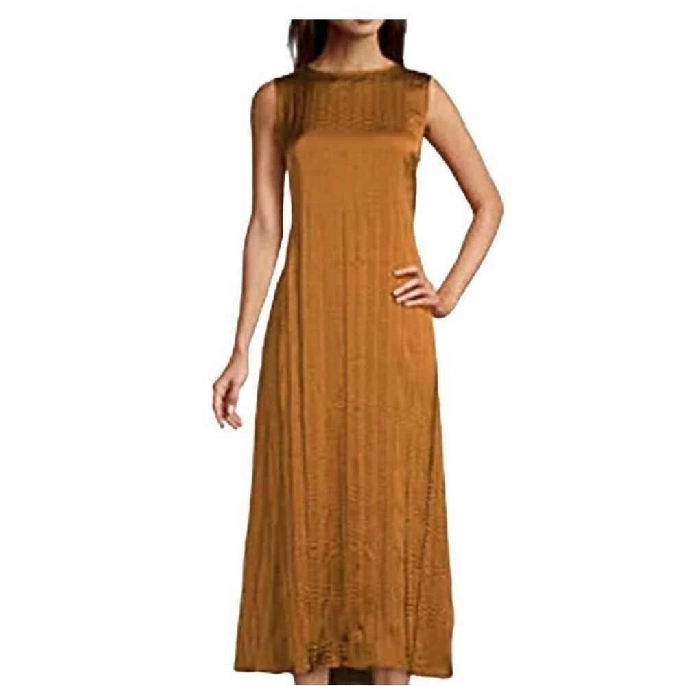 Worthington Gold Silky Crinkle Sleeveless Back Cutout A-Line Midi Dress Sz XS